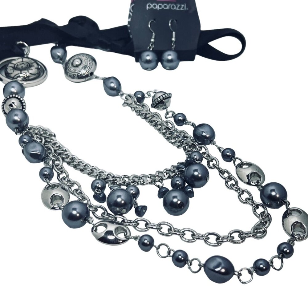 Paparazzi Silver Tone, Gray And Black Necklace W/Pierced Earrings Set (5459) - Picture 4 of 5